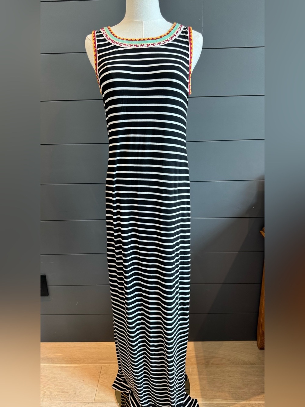 THML Sleeveless Black and White Striped Maxi Dress with Embroidered Trim Soft
